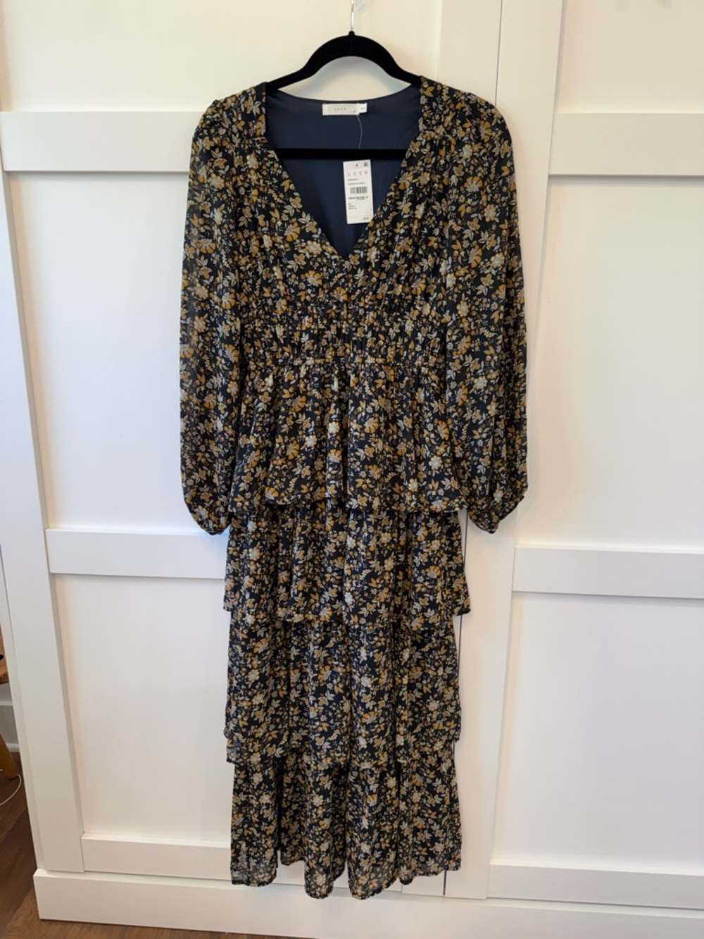 NWT LUSH Indigo Floral Tiered V-Neck Maxi Dress with Floral Print